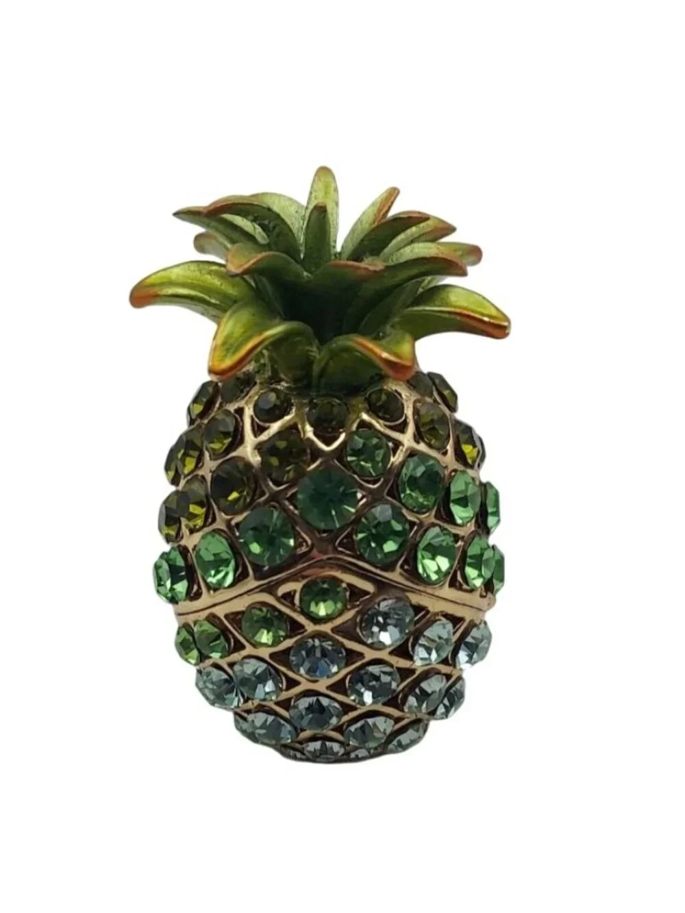 Jeweled Pineapple Hinged Magnetic Trinket Box Goldtone Enamel Blue Green Crystal